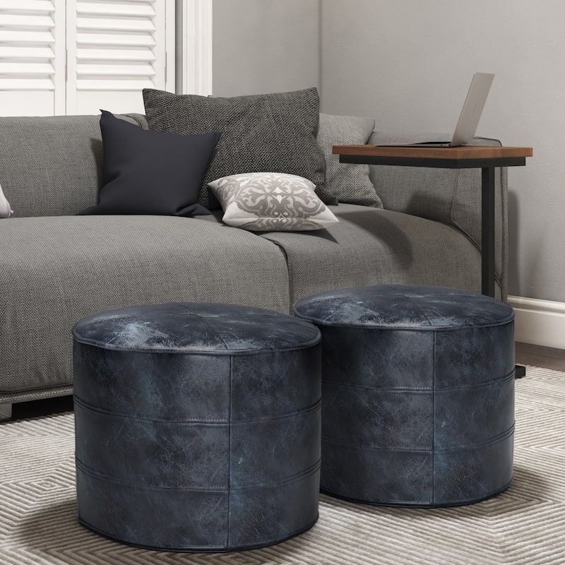 WYNDENHALL Darian Round Pouf in Genuine Leather - 18"W x 18"D x 14"H - Distressed Navy Blue