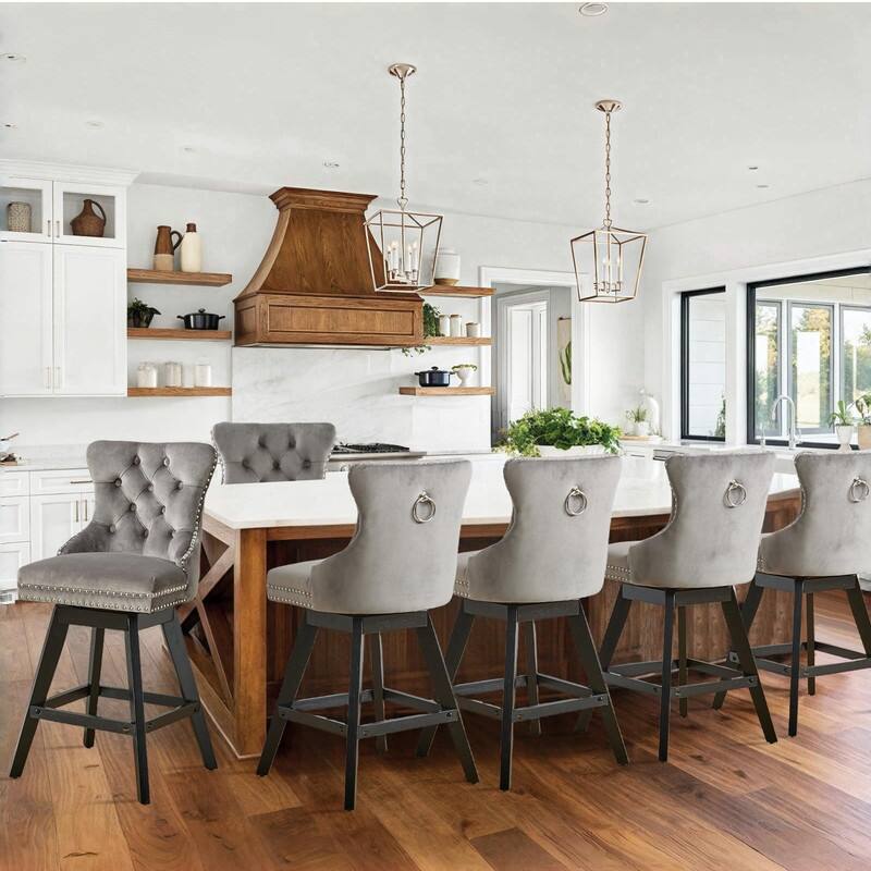 Tufted Swivel Velvet Rubberwood Nailhead Barstools (Set of 4)