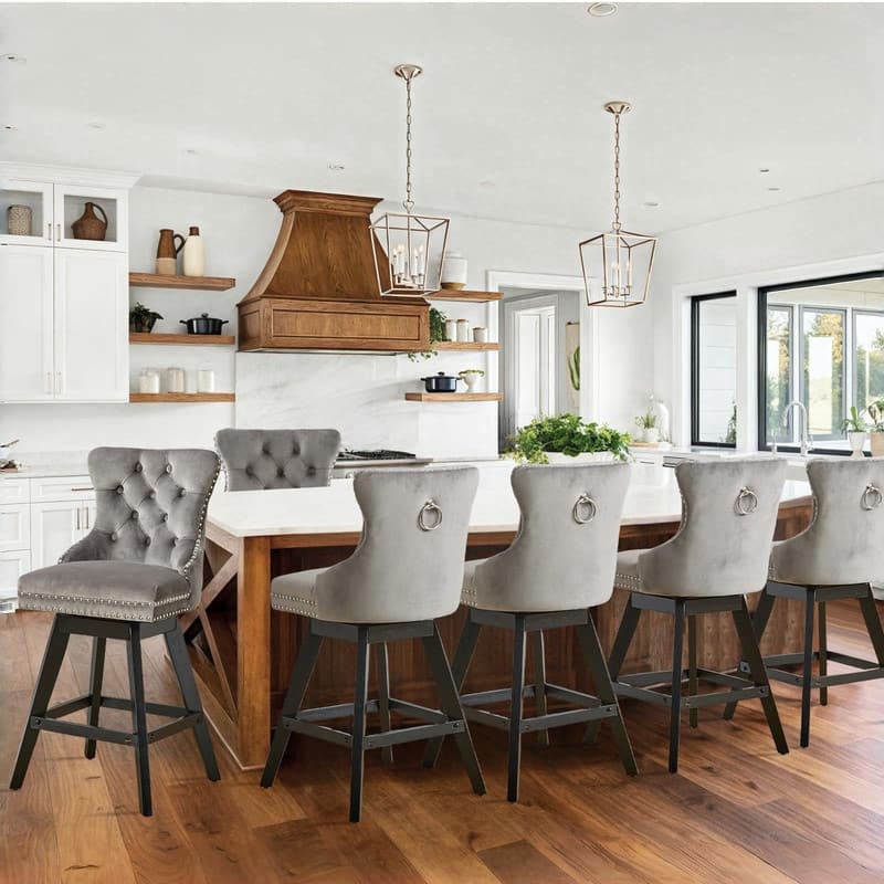 Velvet Wing-Back Tufted Nailhead Upholstered Bar Stools (Set of 6) - Grey Velvet
