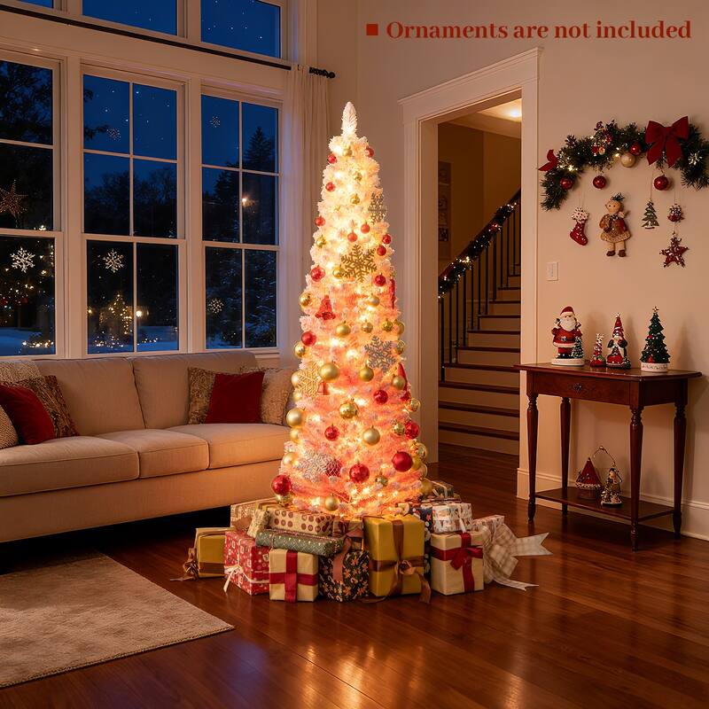 Costway 6/7 FT Snow-flocked Artificial Pink Christmas Tree with 140 - See Details