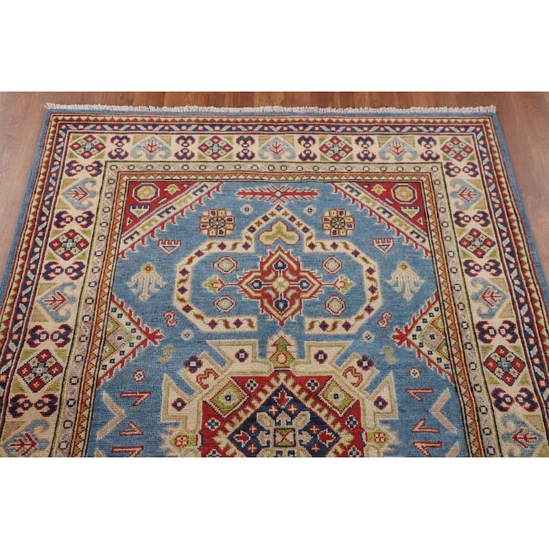 Blue Geometric Kazak Oriental Rug Bedroom Hand-Knotted Wool Carpet - 4'0"x 5'10"
