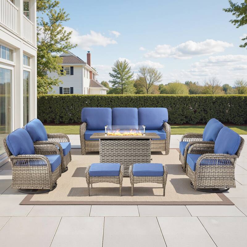Pocassy Patio Sofa Ottoman Swivel Chair Table with Fire Table Funiture Set. - Gray Wicker Blue Cushion - 8-Piece Sofa Swivel Chair Ottoman w/ Fie Table