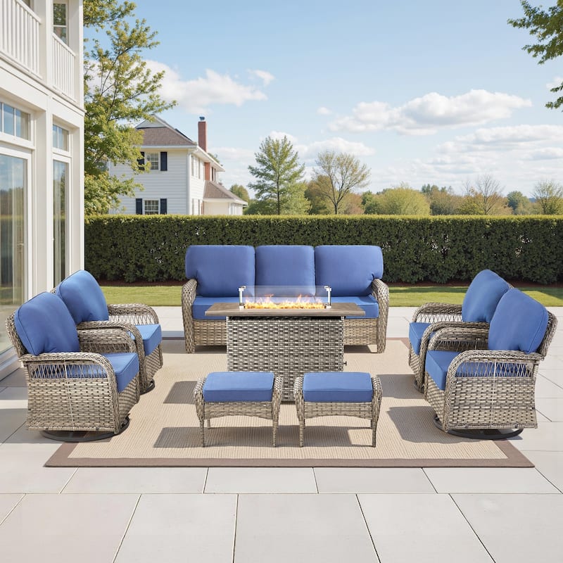 Pocassy Patio Sofa Ottoman Swivel Chair Table with Fire Table Set. - Gray Wicker Blue Cushion - 8-Piece Sofa Swivel Chair Ottoman w/ Fie Table