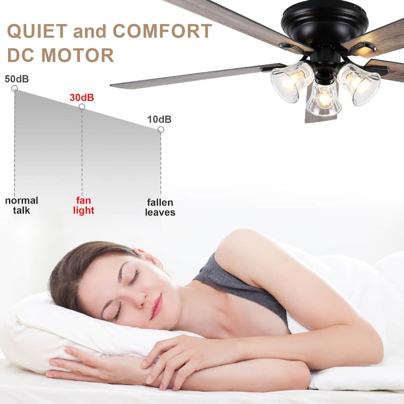 Bella Depot 52" 3-Light Brown Flush Mount Ceiling Fan with Light and Remote Control 6-speed Reversible Timer DC Motor