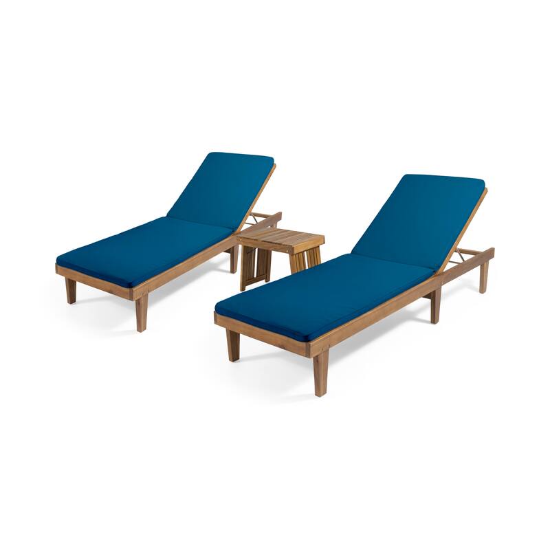 Nadine Outdoor Acacia Wood 3 Piece Chaise Lounge Set with Water-Resistant Cushions by Christopher Knight Home - Teak Finish + Blue Cushion