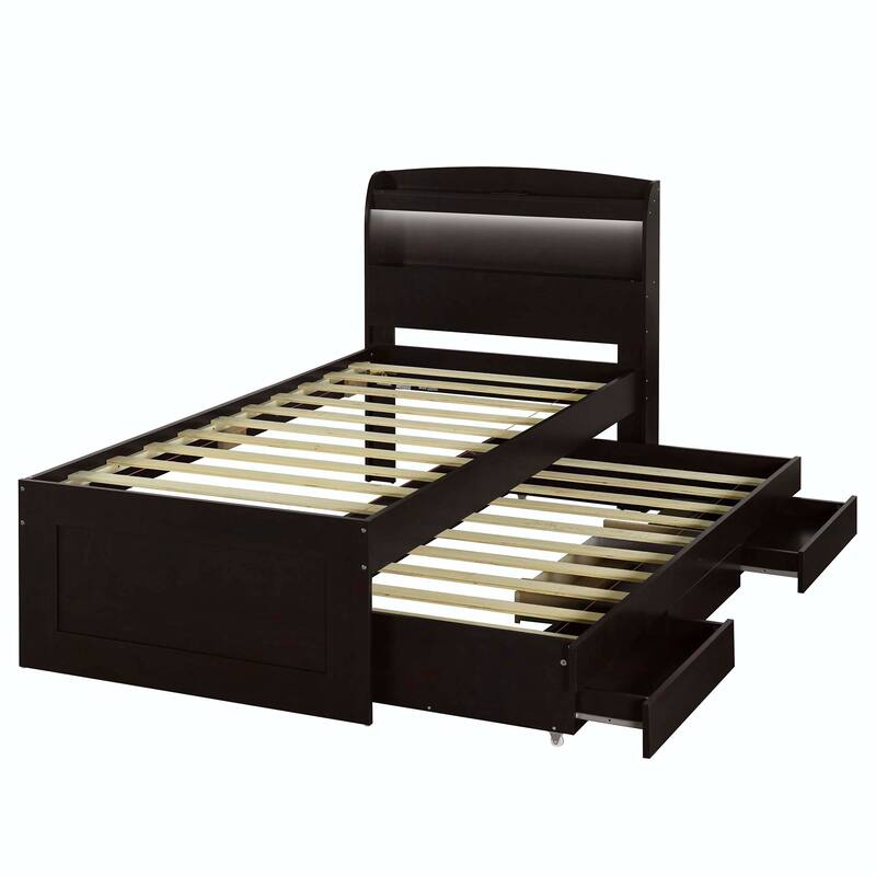 Twin XL Size Platform Bed with Storage LED Headboard, Charging Station