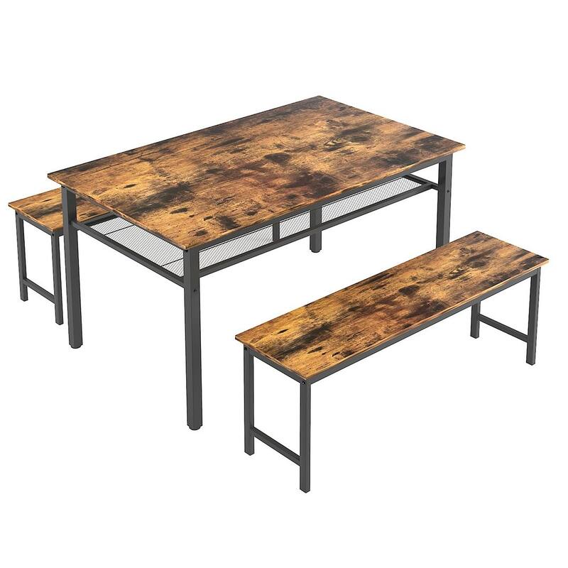 3 Pieces Farmhouse Kitchen Table Set with Two Benches, Metal Frame and MDF Board - Brown