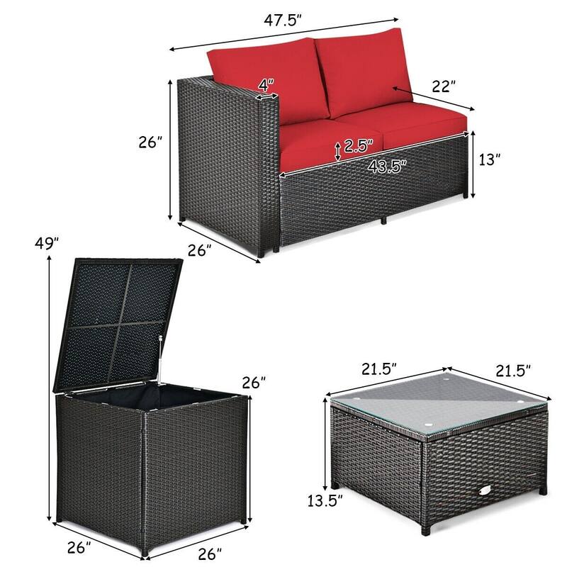 4 Pcs Outdoor Patio Rattan Furniture Set with Cushioned Loveseat and Storage Box
