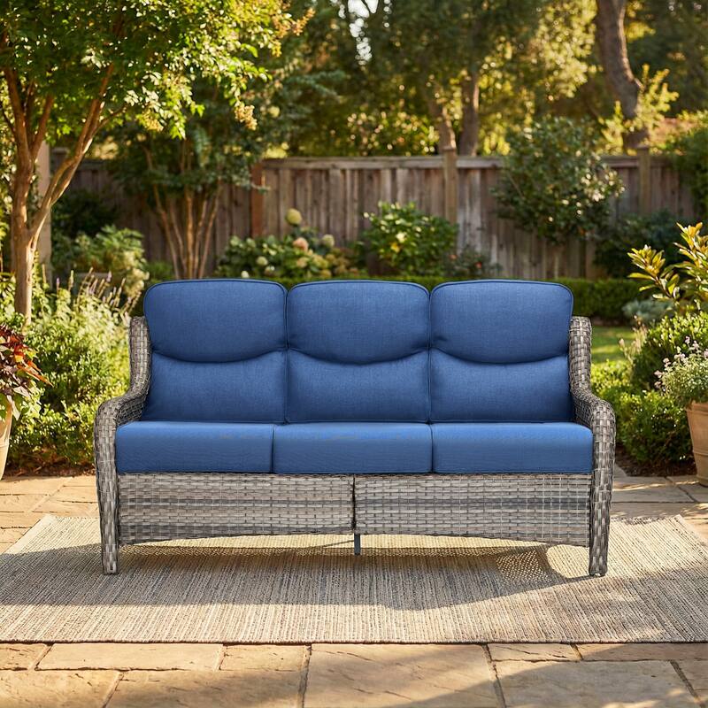 Pocassy Outdoor Wicker 3 Seat Sofa with 5 In Thick Cushion Patio Sofa - Gray Wicker Blue Cushion