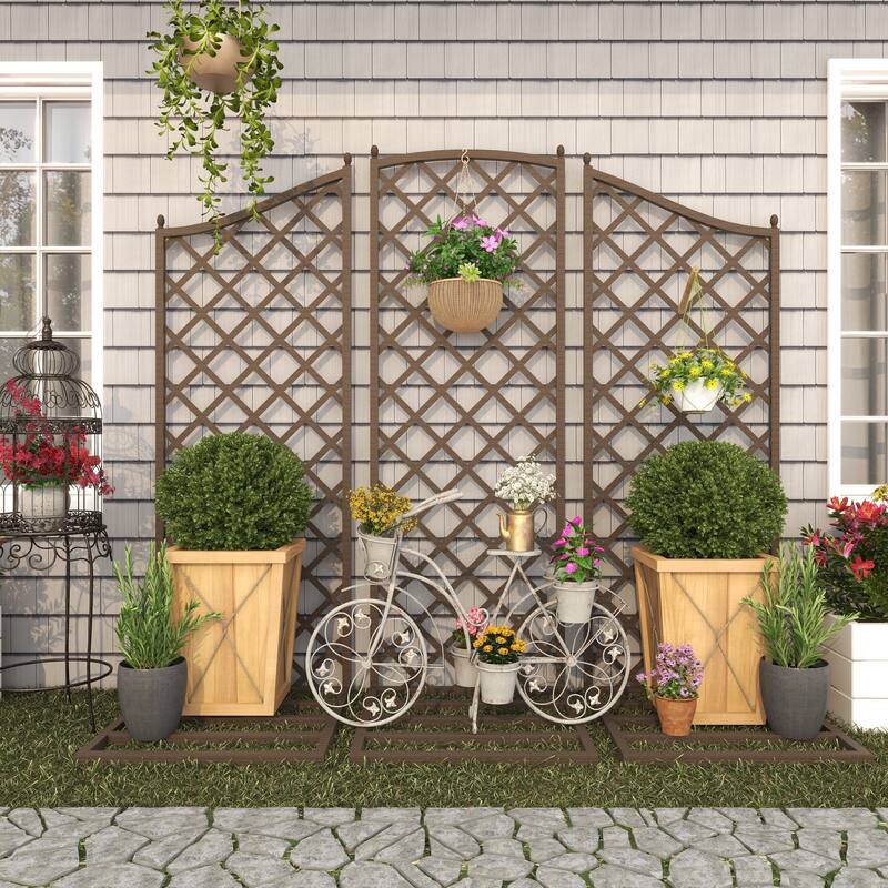 Gray Metal Distressed Indoor Outdoor Scroll 3 Tier Bike Indoor Outdoor Plantstand with Fleur De Lis Wheels