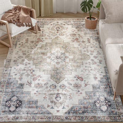 HOMCOM Washable Area Rug, 5'x7' Vintage Indoor Distressed Carpet, Retro Floor Cover Foldable, Floral Print Mat for Living Room