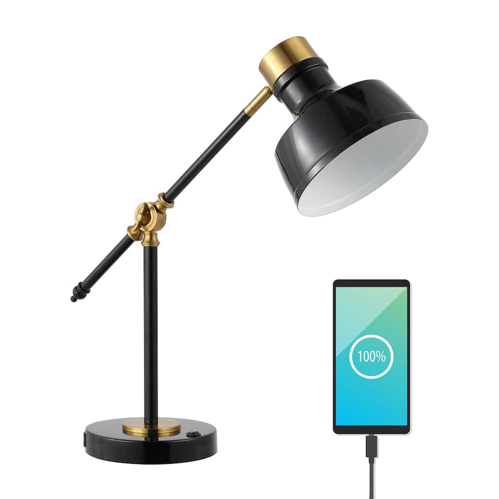 Odile 18.5" Classic Farmhouse Adjustable Cantilever LED Task Lamp with USB Charging Port, by JONATHAN Y