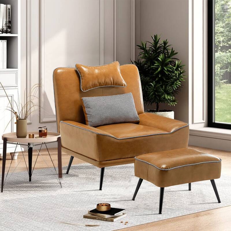 Accent Chair with Ottoman, Mid Century Modern Upholstered Faux Leather Chairs for Living Room Bedroom Lounge Chair Armless