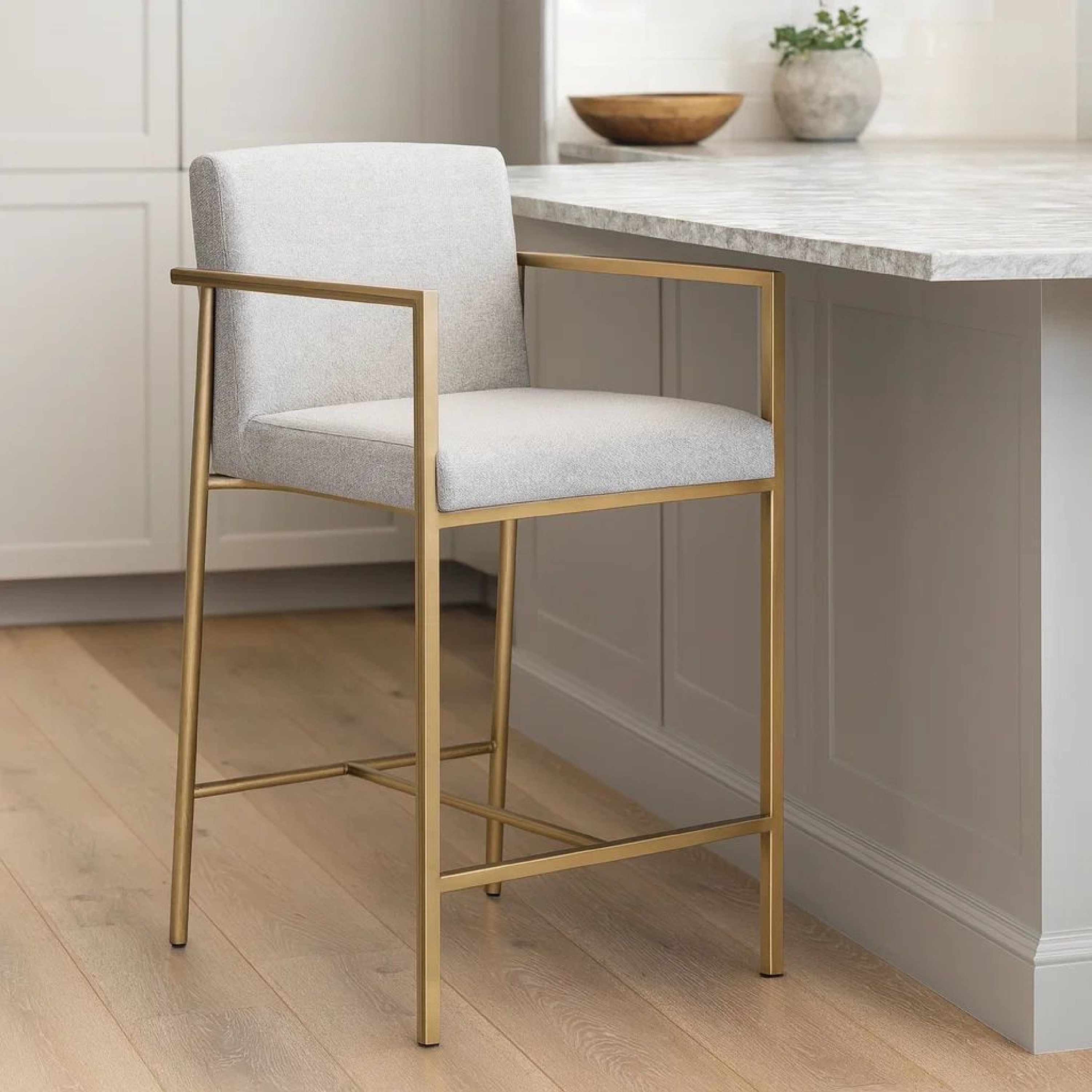 40 Inch Modern Counter Height Padded Stool, White Fabric, Brass Frame