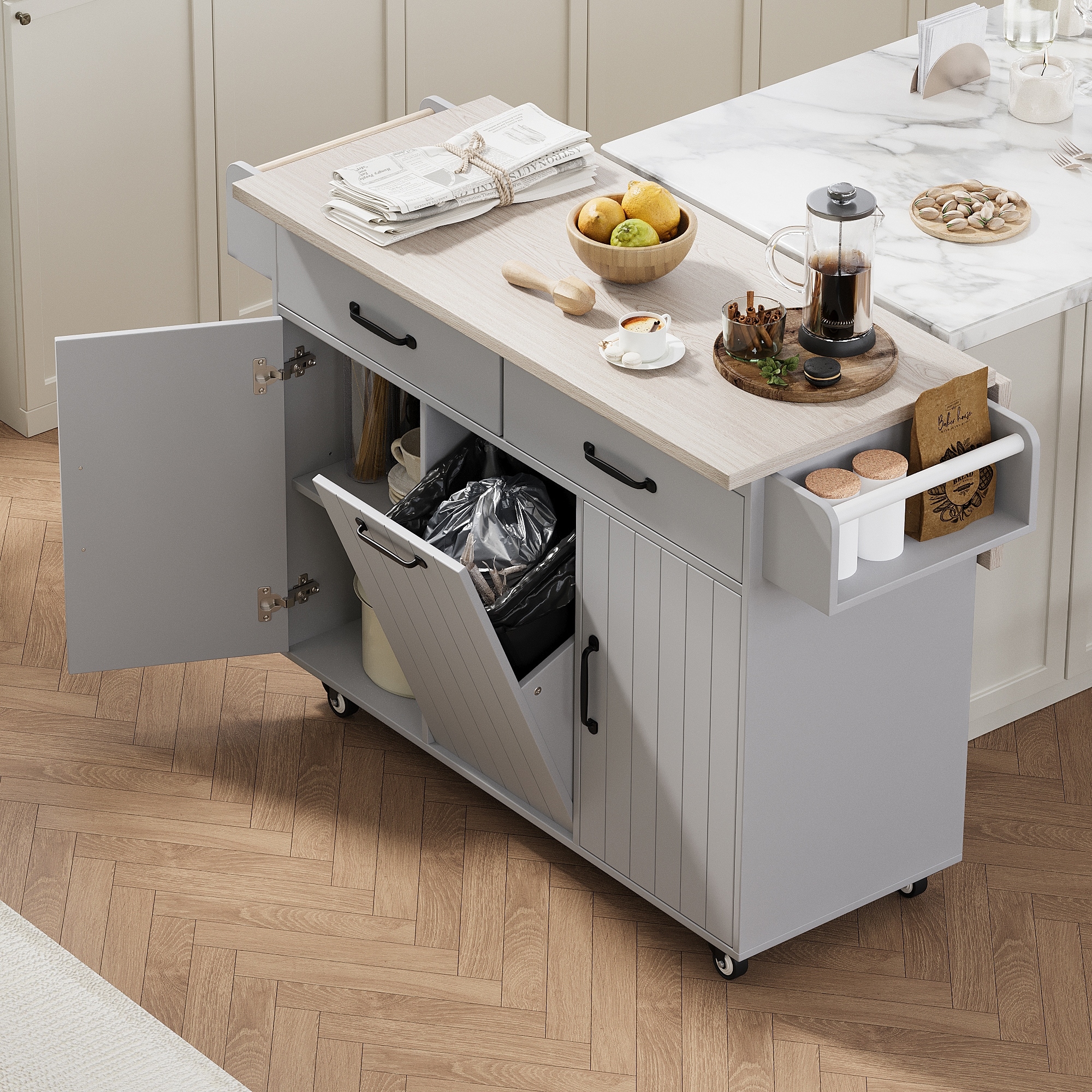 Kitchen Island with Trash Can Storage Cabinet, Adjustable Shelf, Drop Leaf, Spice Rack, Towel Rack & Drawer