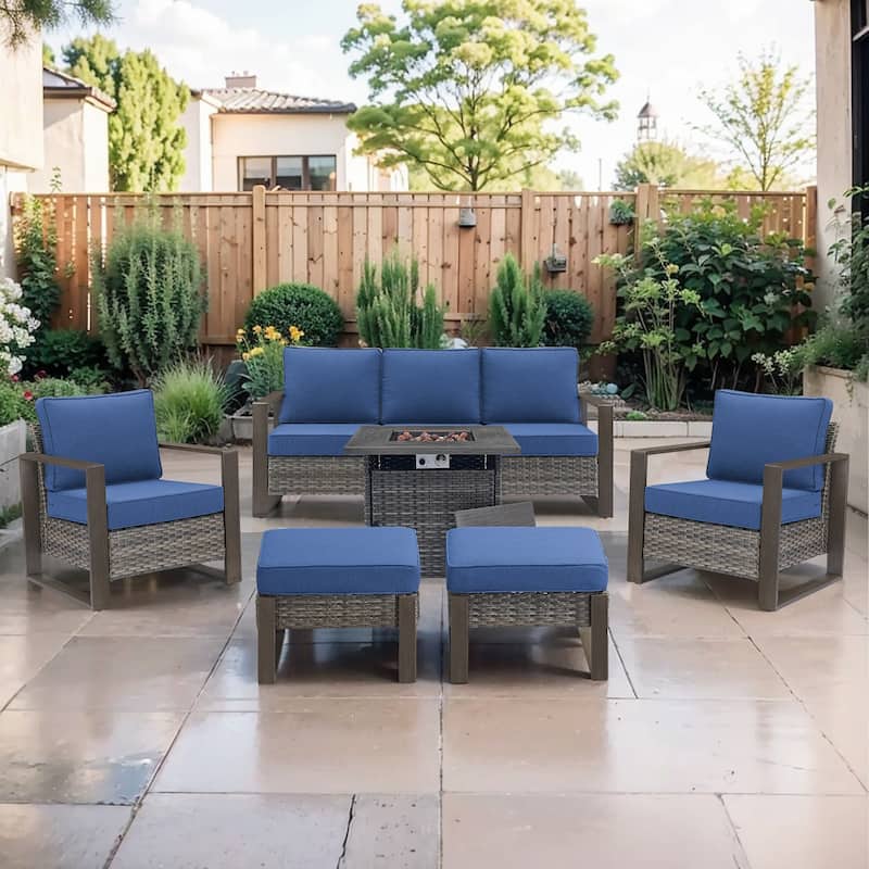 Pocassy Outdoor Fire Pit Conversation Set 3-Seat Sofa Chairs Patio Furniture Set - Grey Wicker Blue Cushion - 6-Piece Sofa Patio Chair Ottoman with Fire Table