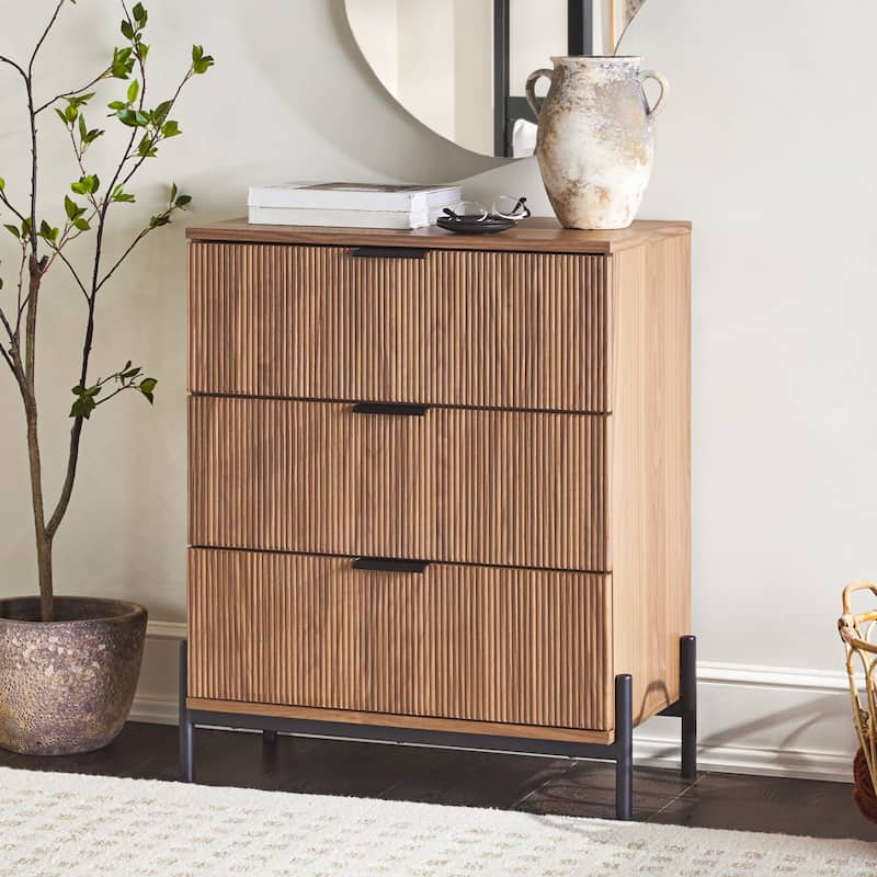 Mid-Century 3-Drawer Chest with Reeded Drawer Fronts for Living Room, Bedroom and Office, Mocha
