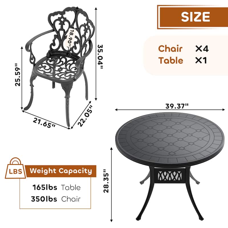 3/5 Piece Cast Aluminum Outdoor Dining Set with 39.37 in. Round Table and Seat Cushions