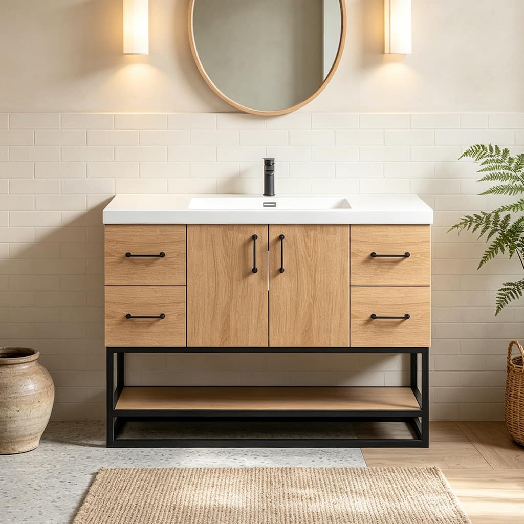 Prismella 36" 48" Oak & Black Bathroom Vanity with Open Bottom Shelf