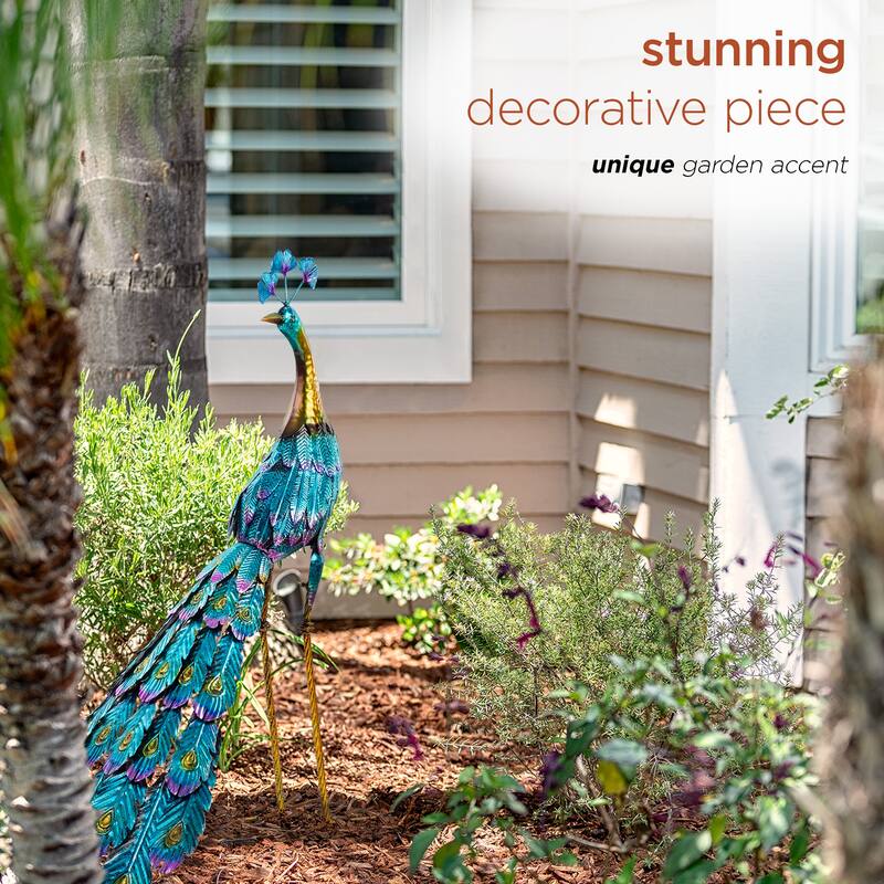 Alpine Corporation 23" Tall Outdoor Metallic Peacock Tail Spread Yard Statue Decoration, Multicolor