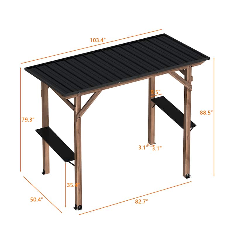 Outdoor Cedar Wood BBQ Grill Gazebo with Steel Hardtop Roof and Dual Side Bar Shelves
