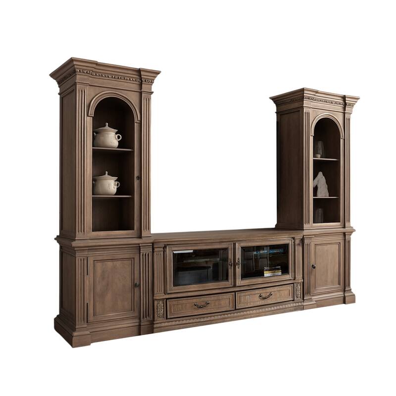 3 Piece Wooden TV Stand Set with Carved Details in Weathered Oak - Weathered Oak