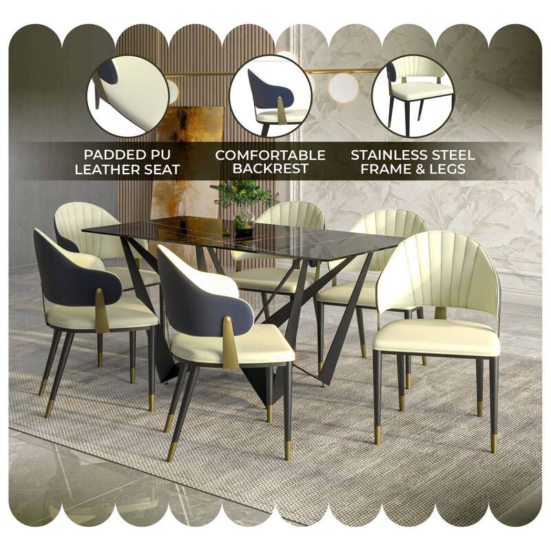 Leather Dining Chair in Iron Set of 2 with Gold Accents Design Modern Ergonomic Side Arm Chair