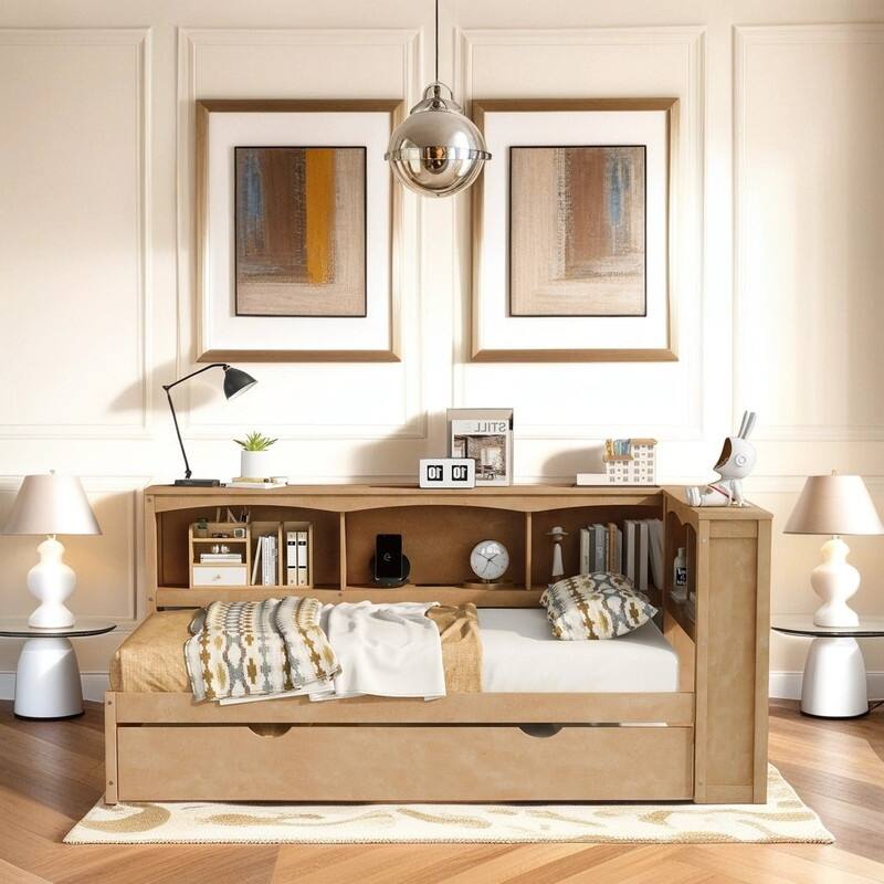 Kids Twin Size Daybed with Trundle, Wooden Children Storage Bed Frame