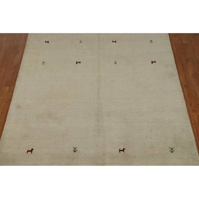 Hand Knotted Oriental 100% Wool Carpet Tribal Animal Pictorial Beige & Ivories Gabbeh Area Rug - 6' 6'' X 4' 7''