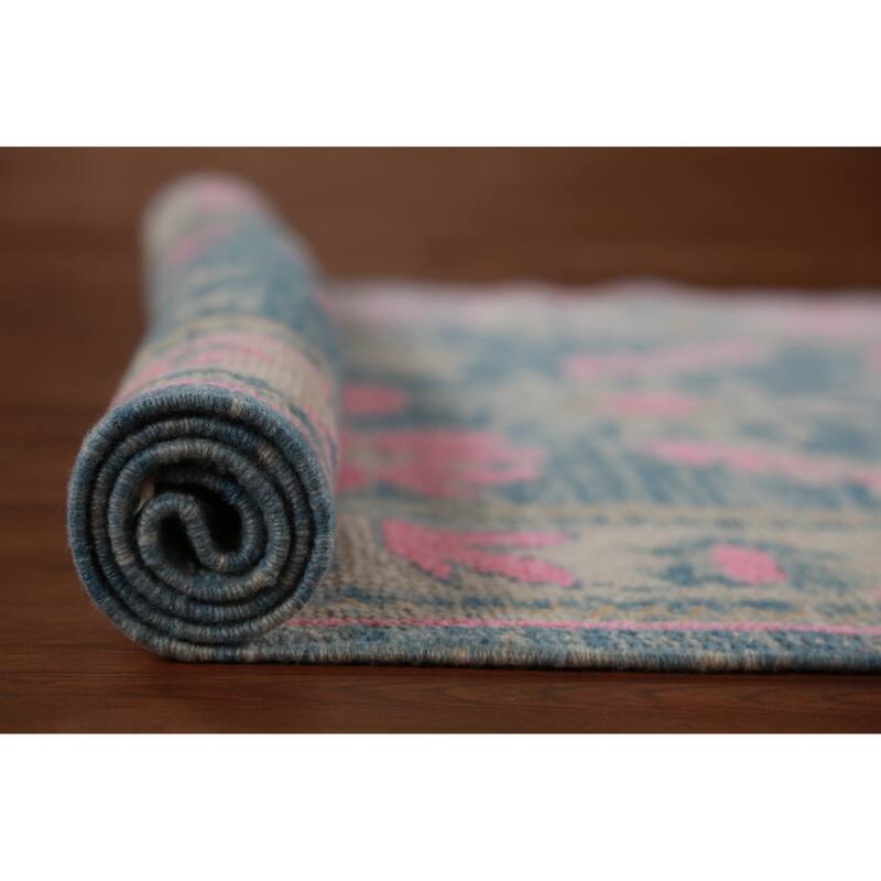 Hand Knotted Oriental 100% Wool Carpet Transitional Floral Navy Blue & Blues Oushak Runner Rug - 15' 10'' X 3' 2''