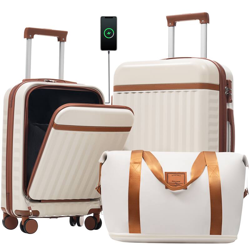3-Piece Modern Front-Opening Luggage Expandable Luggage with USB Port and TSA Lock, for Boarding Travel, Brown+White - Bronze
