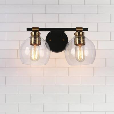 2-Light Black Gold Modern Bathroom Vanity Light Dimmable Seeded Glass Wall Sconce - 14" L x 8" W x 8" H