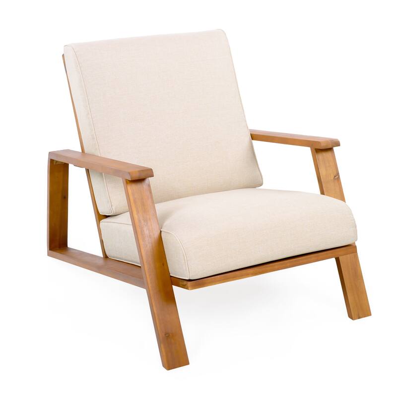 Patio Lounge Chair Set of 2, Outdoor Club Chair with Beige Cushion and Teak Acacia Wood Frame