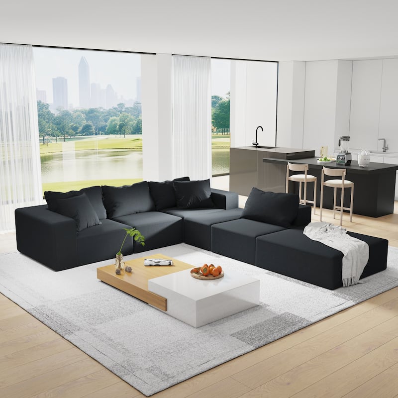 132" Chenille L-Shaped Sectional Sofa with 6 Pillows