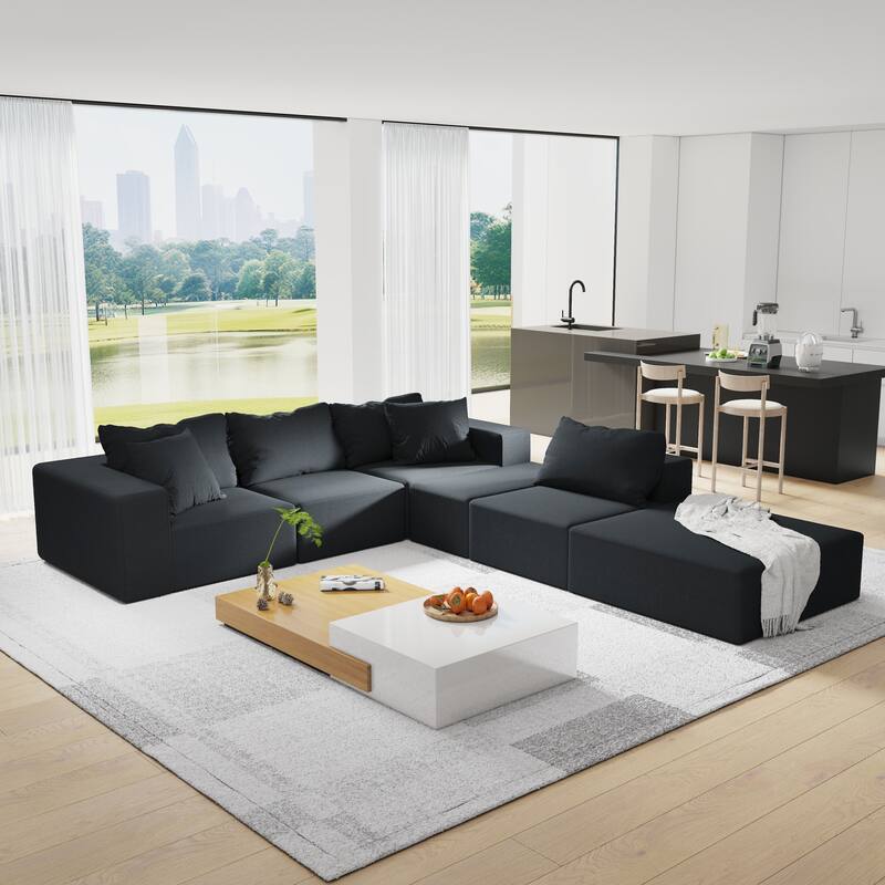 L Shaped Modular Sectional Sofa with Ottoman, Oversized Chenille Upholstered Boneless Sofa, Compression Sofa with 6 Pillows