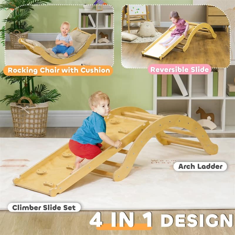 4-in-1 Natural Wood Pikler Triangle Climber Set for Toddlers with Slide Ramp and Cushion - 66.1" L x 19.5" W x 15.6" H
