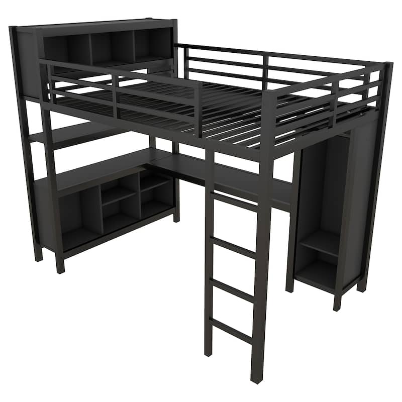 Heavy Duty Full Size Loft Bed with Desk, Wardrobe, Storage Shelves, and Cubes for Teens, Dorms, Apartments