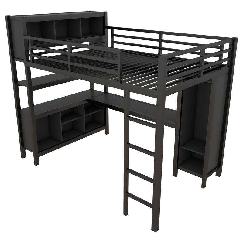 Roomfitters Full Metal Loft Bed with L-Shaped Desk, Wardrobe, Storage Cubes & Shelves, Heavy Duty Frame