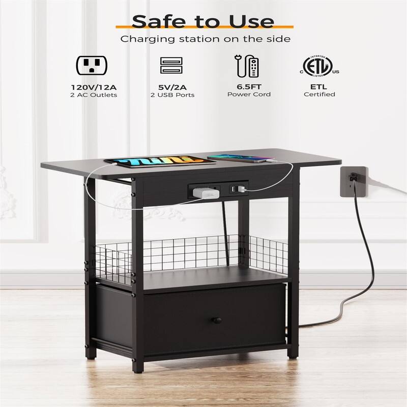 End Table with Charging Station - 12.2"D x 25.5"W x 25.5"H
