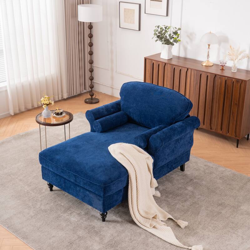 Oversized Chaise Lounge Indoor,Chenille Single Sofa Bed with Wide Seat,Upholstered Lazy Sleeper Armchair - Blue