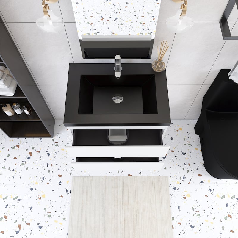 24/30/36 inch Wall-Mounted Bathroom Vanity Set in White with Integrated Black Resin Sink