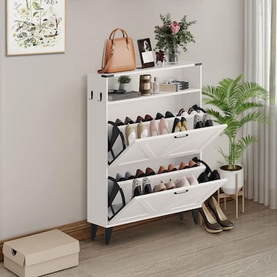 Slim Entryway Shoe Cabinet with 2 Flip Drawers