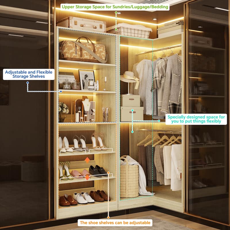 Cimly Set of 2 Corner Closet System, Freestanding Closet Organizer with Hanging Rods and Tower Shelves