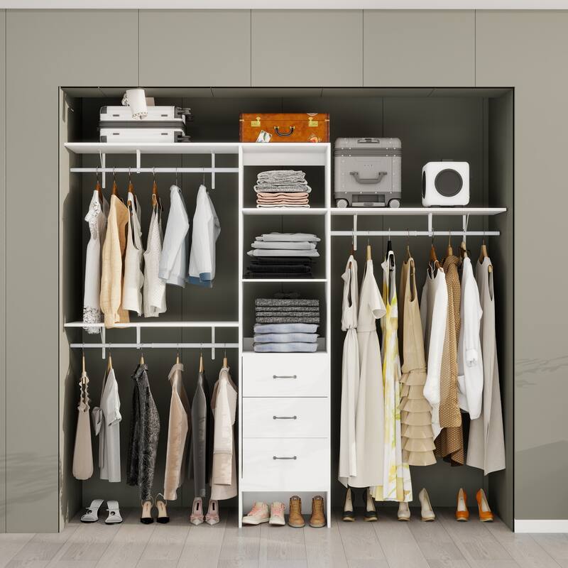 96" White Walk-In Closet System: 3 Shelves, 3 Rods, 3 Drawers,, Organizer