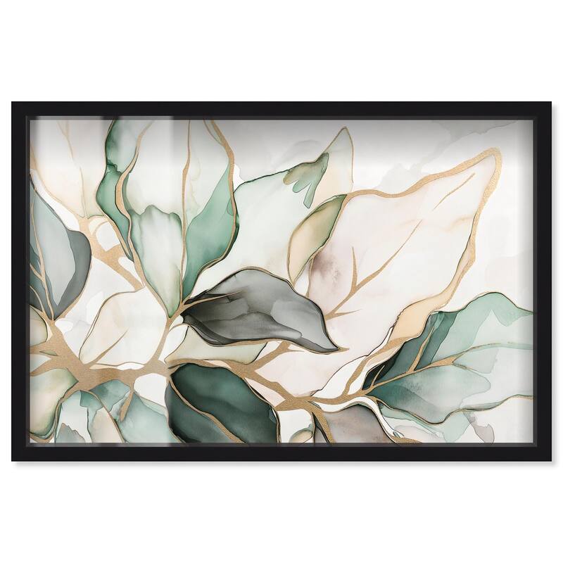 Golden Veined Leaves II Shadowbox by Art Remedy - Black - 30" x 20"