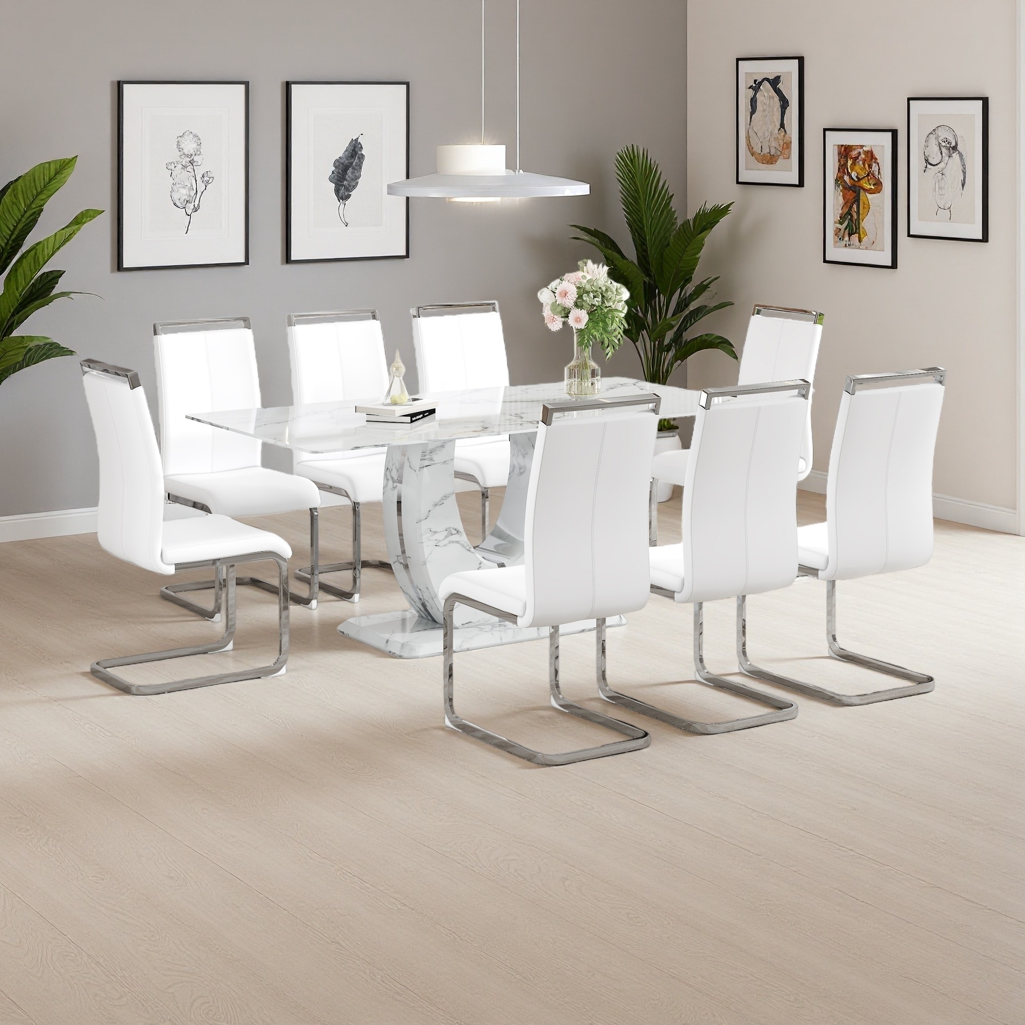 9-Piece Dining Set with Marble Pattern Table and 8 PU Armless Chairs