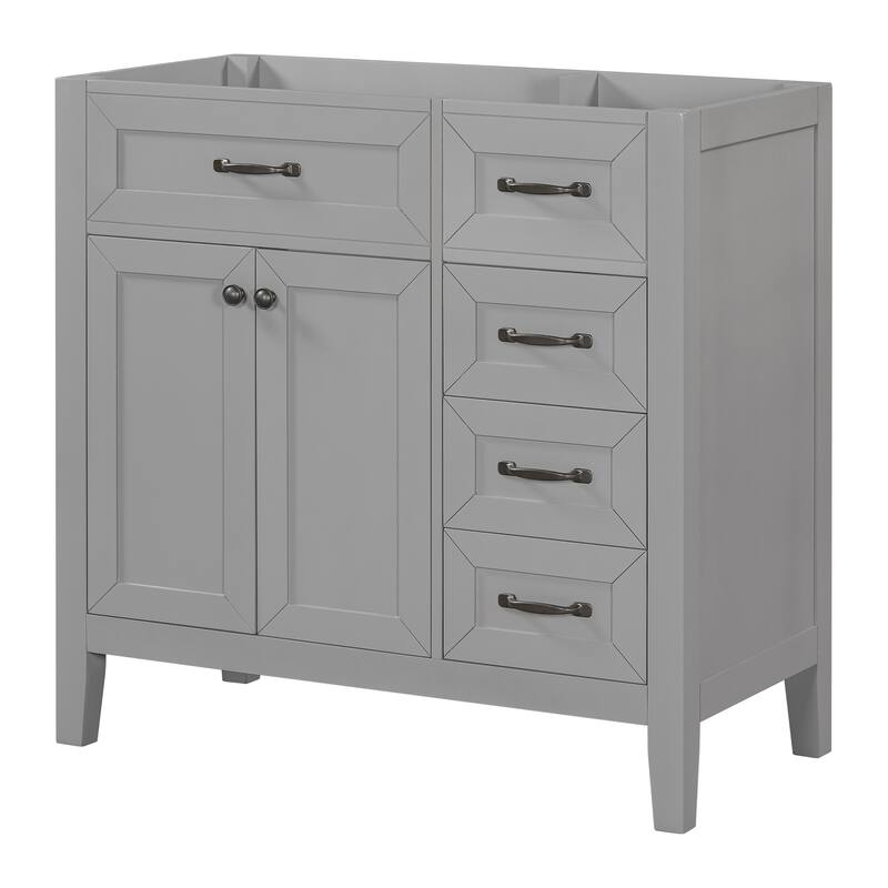 36" Modern White Bathroom Vanity Cabinet Base, 2 Doors & 3 Drawers, Solid Rubber Wood & MDF