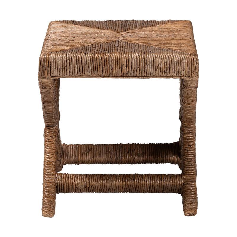 Alda Woven Seagrass Ottoman - Handwoven Wicker Accent Stool with X Base, Boho Coastal Seating