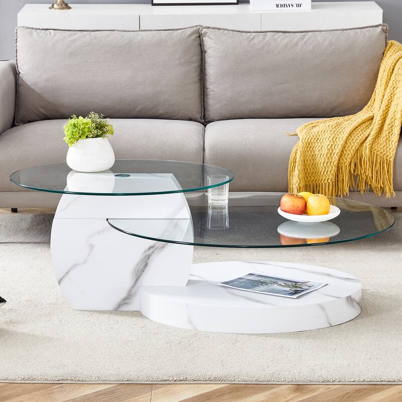 Roomfitters Double Layer Coffee Table with White Marble and Wood Grain Finish, Artistic Modern Design - White Marble