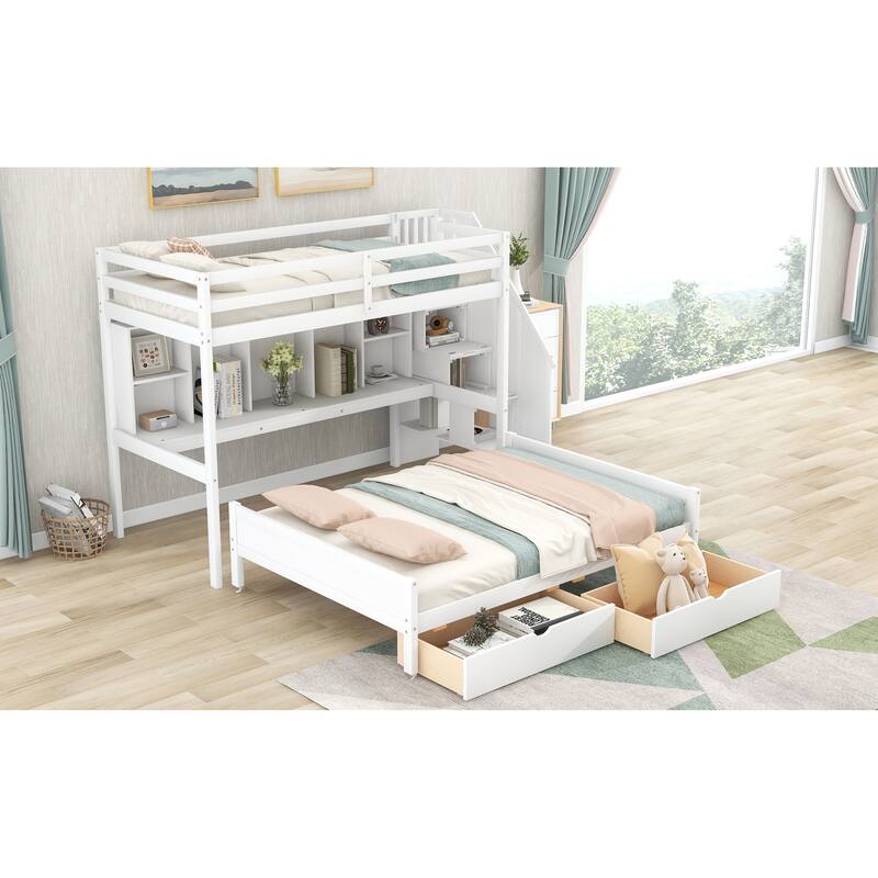 Pine Wood Twin XL over Full Bunk Bed with Builtin Desk, Bookshelves